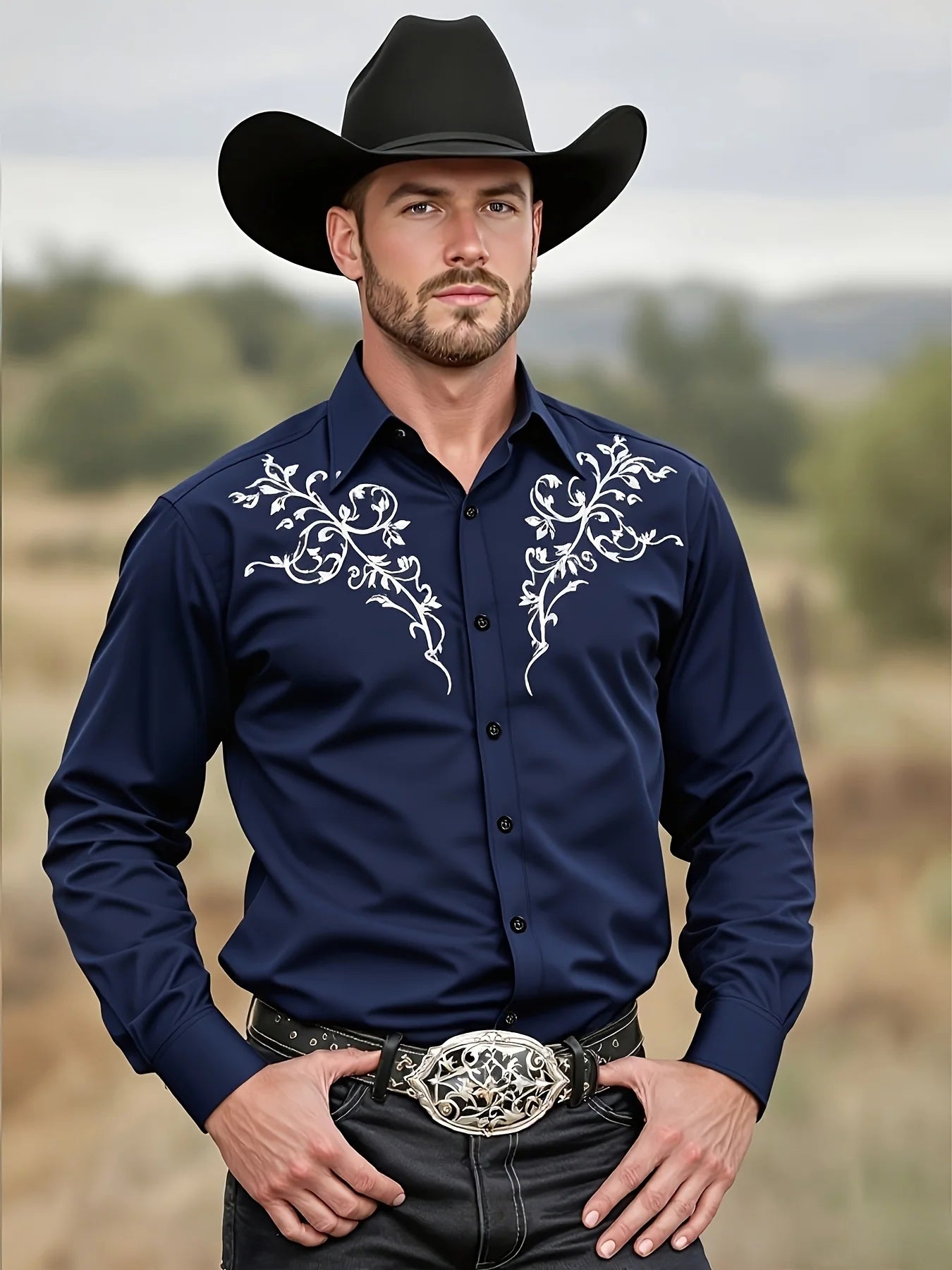 Men's Tribal Pattern Long Sleeve Men's Black Western Cowboy Shirt Western Event Attire  Stylish Men'S Shirt Slim Fit Shirt
