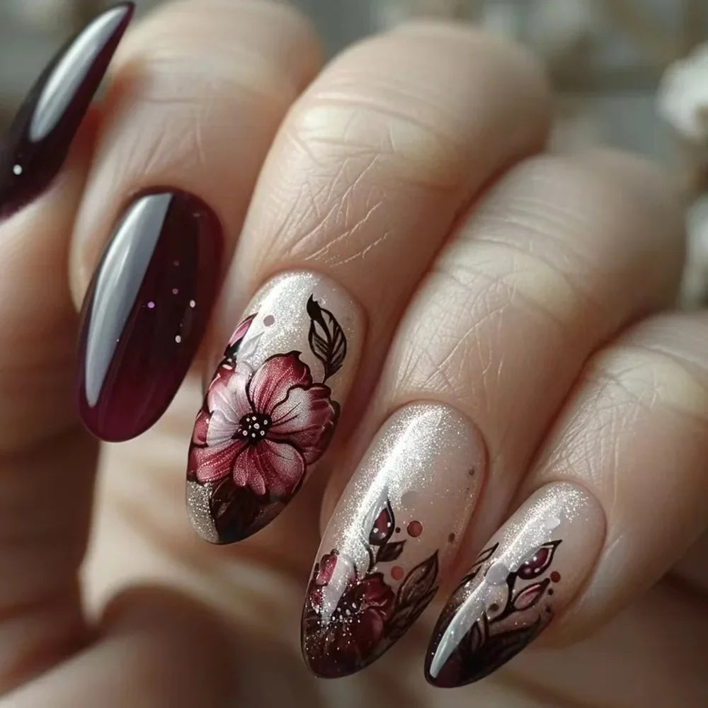 Autumn Matte Press-On Nails | 24pcs Rose Leaf Almond | Full Cover Acrylic Nail Tips with Glue