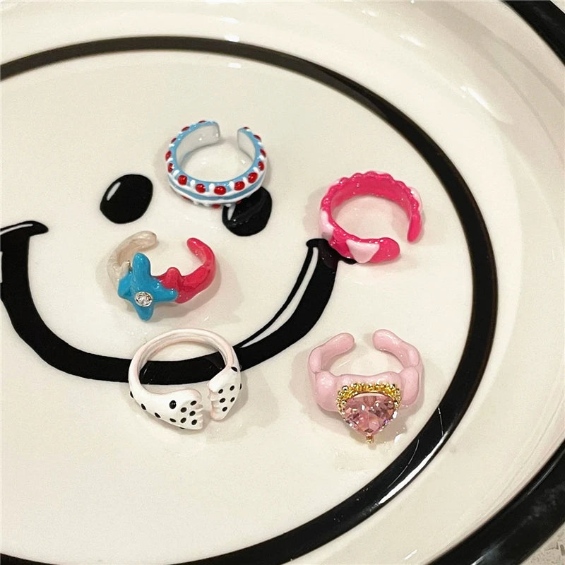 Love zircon inlaid pink handmade drip glaze enamel ring Y2K creative open ring female accessories jewelry gift