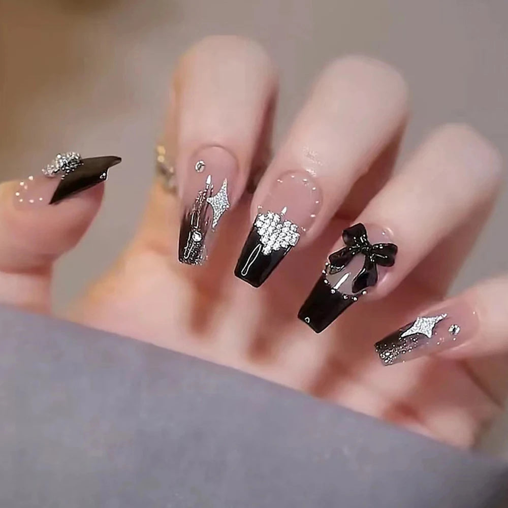 Gradient Black Fake Nails Long Ballerina Nails Press on Simple Full Cover False Nails Tips for Women Girls DIY Manicure 24Pcs