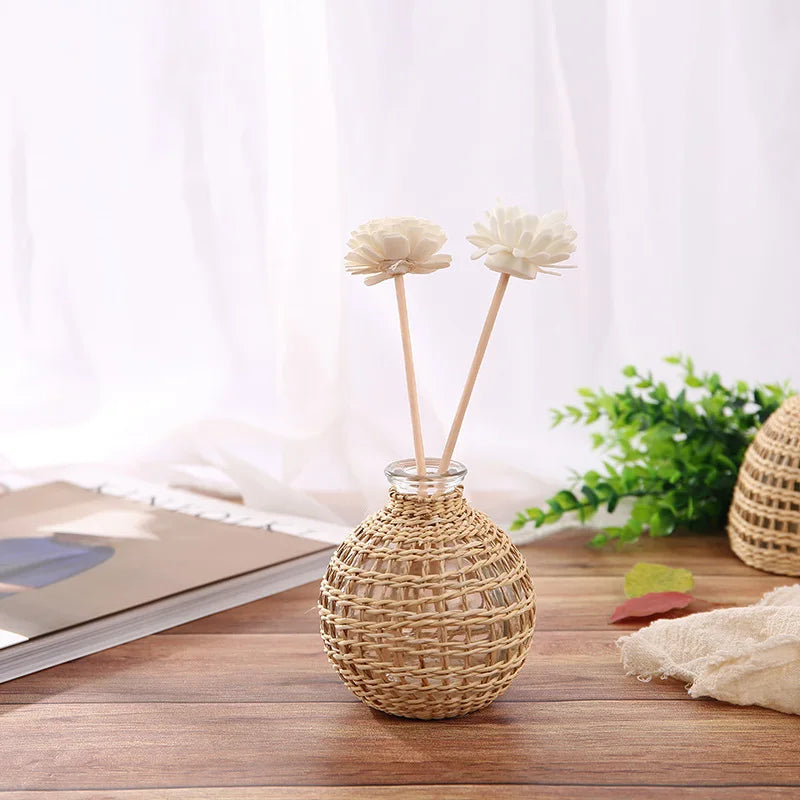 Japanese Style Hand-woven Glass Aroma Vase Small Diameter Dried Flowers Dining Table Decoration Plant Pots Decorative