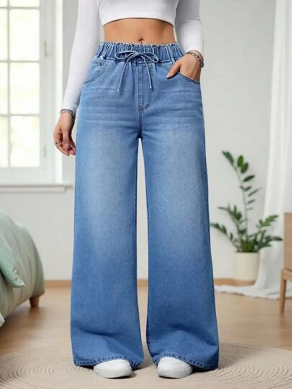 Elastic Waist Wide Leg Floor-Length Pants European American Trend Loose Casual High Waist Women Denim Jeans