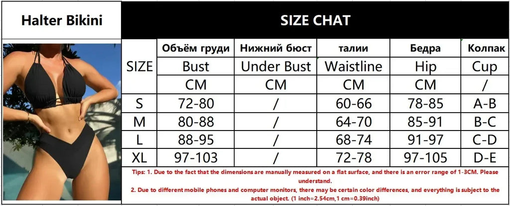 Plus Size Beach Bikini Black Sexy Halter Bikini Push Up Swimsuit 2 Piece Bikini Sets Summer Women Swimwear Bathing Suits