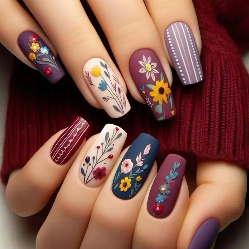 Flower Ballet Press-On Nails | 24pcs Long Full Cover Nail Tips | Brown Floral Design
