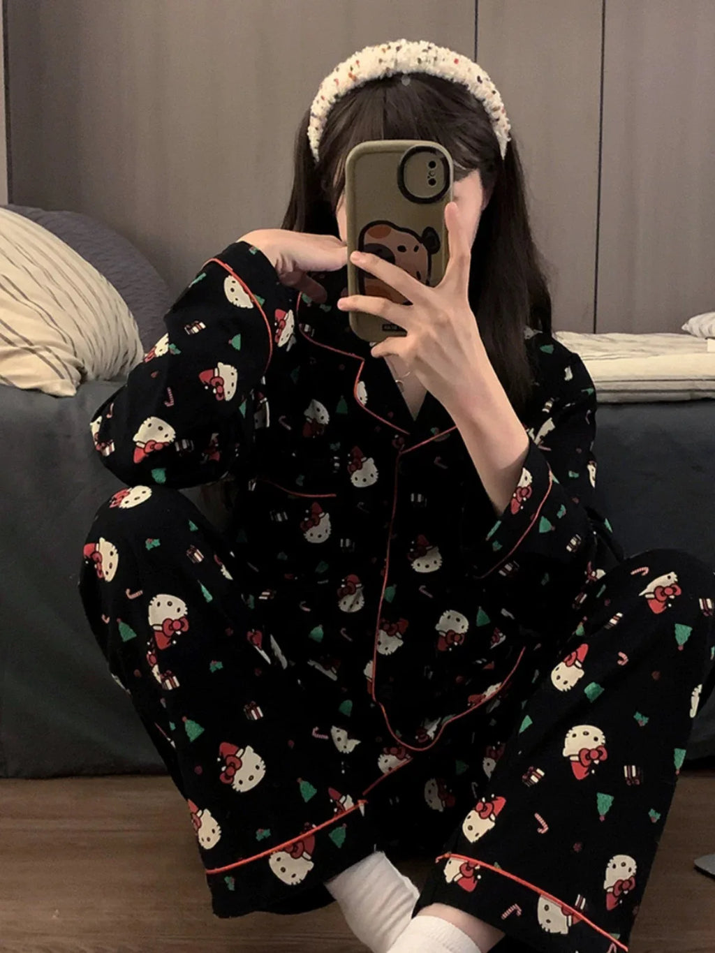 2Pcs/Set Christmas Hello Kitty Pajama Set Anime Cute Woman's Home Wear Cartoon Casual Pajamas Couple Sleep Clothing Loungewear