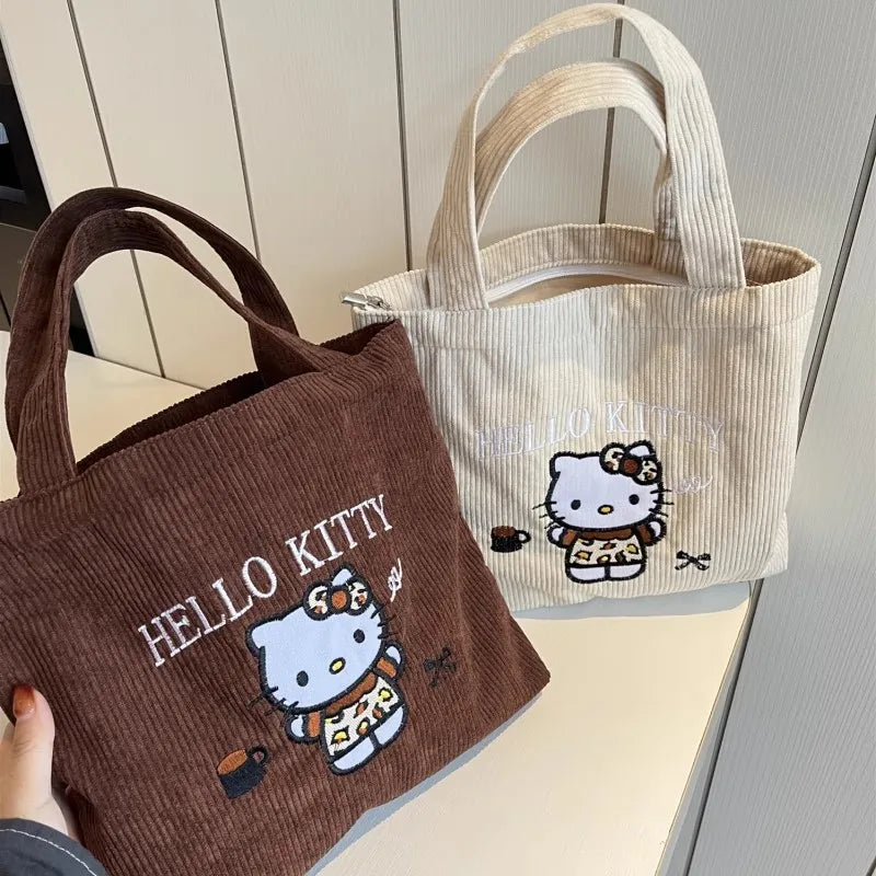 New Hello Kitty Handbag Cute Embroidered Large-Capacity Cartoon Handbag Corduroy Small Bag Students School Single Shoulder Bag