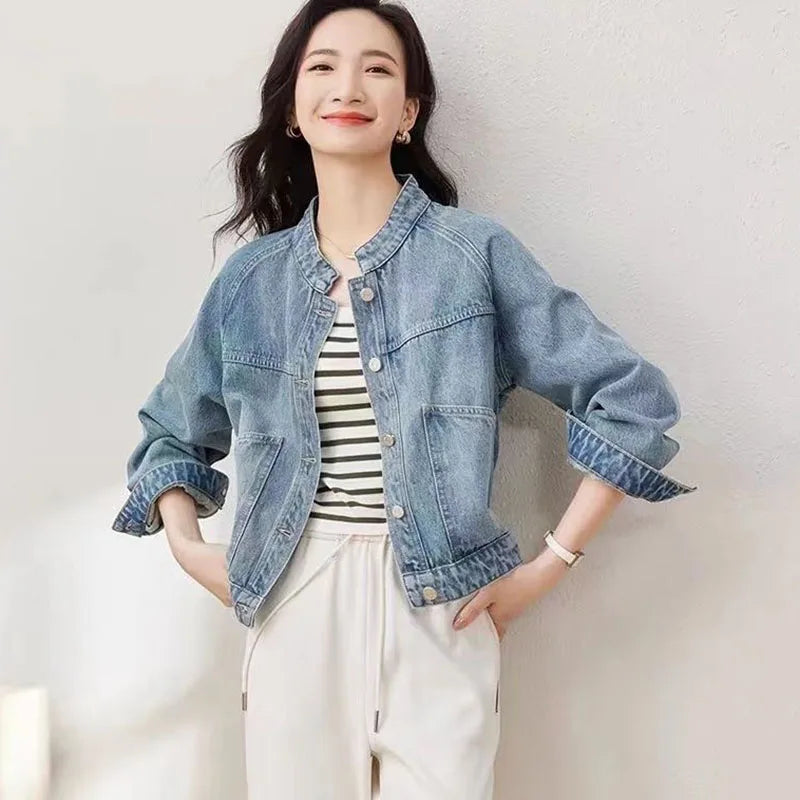 Women's Retro Washed Denim Jacket, Casual Motorcycle Jacket, Stand Collar, Basic Coat, Light Blue, Female Fashion, Autumn, Winte