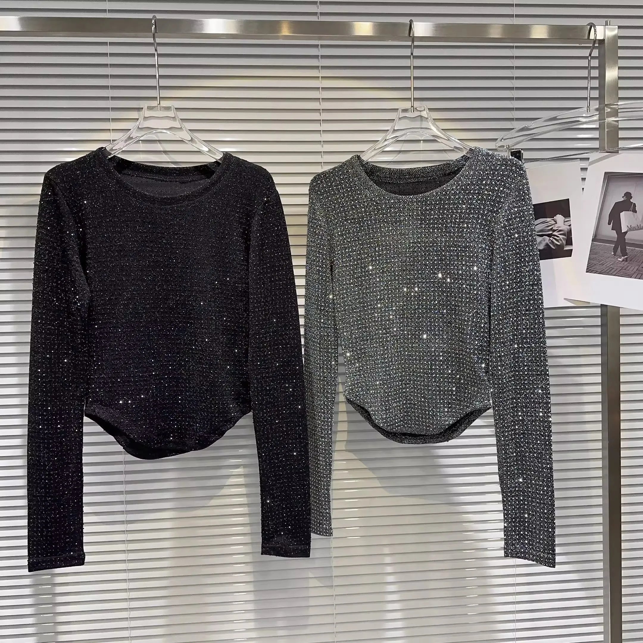 Fat people oversized wear 300 catties fashion rhinestone diamond bright silk curved edge women's long-sleeved T-shirt