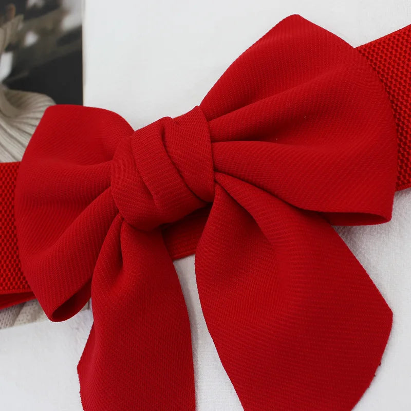 New Fashion Elegant Large Bow Elastic Belts for Women Wide Side Belt Dress Female Jeans Waistband Trouser Accessory