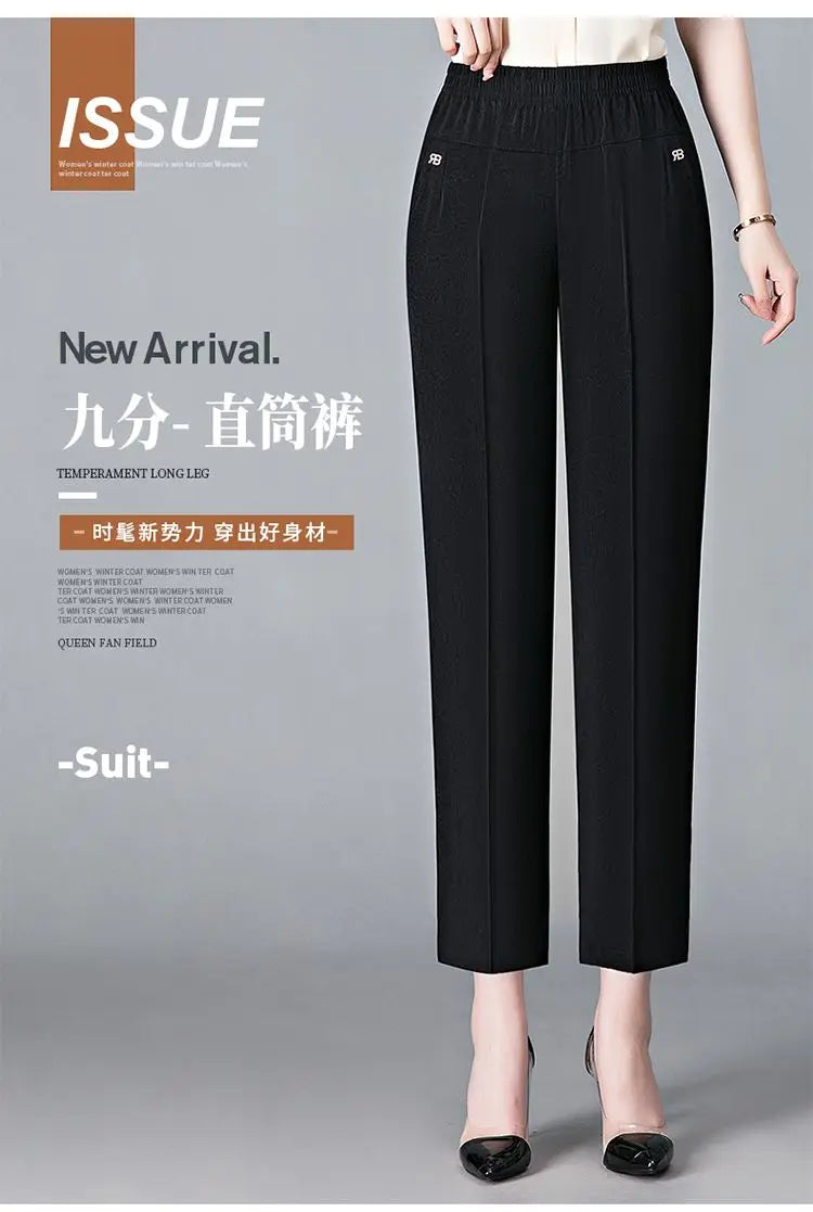 Office Lady Vintage Loose Straight Pants Spring Summer Thin Women Streetwear Fashion Casual Elastic High Waist Cropped Trousers