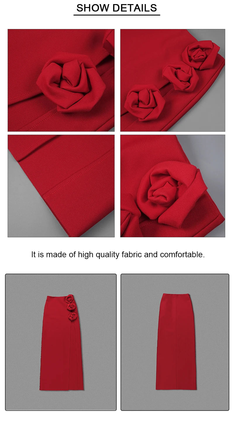 VC Skirts For Women Christmas Party Wear Pretty 3D Flowers Decoration Red Bandage High Split Sexy Long Skirt
