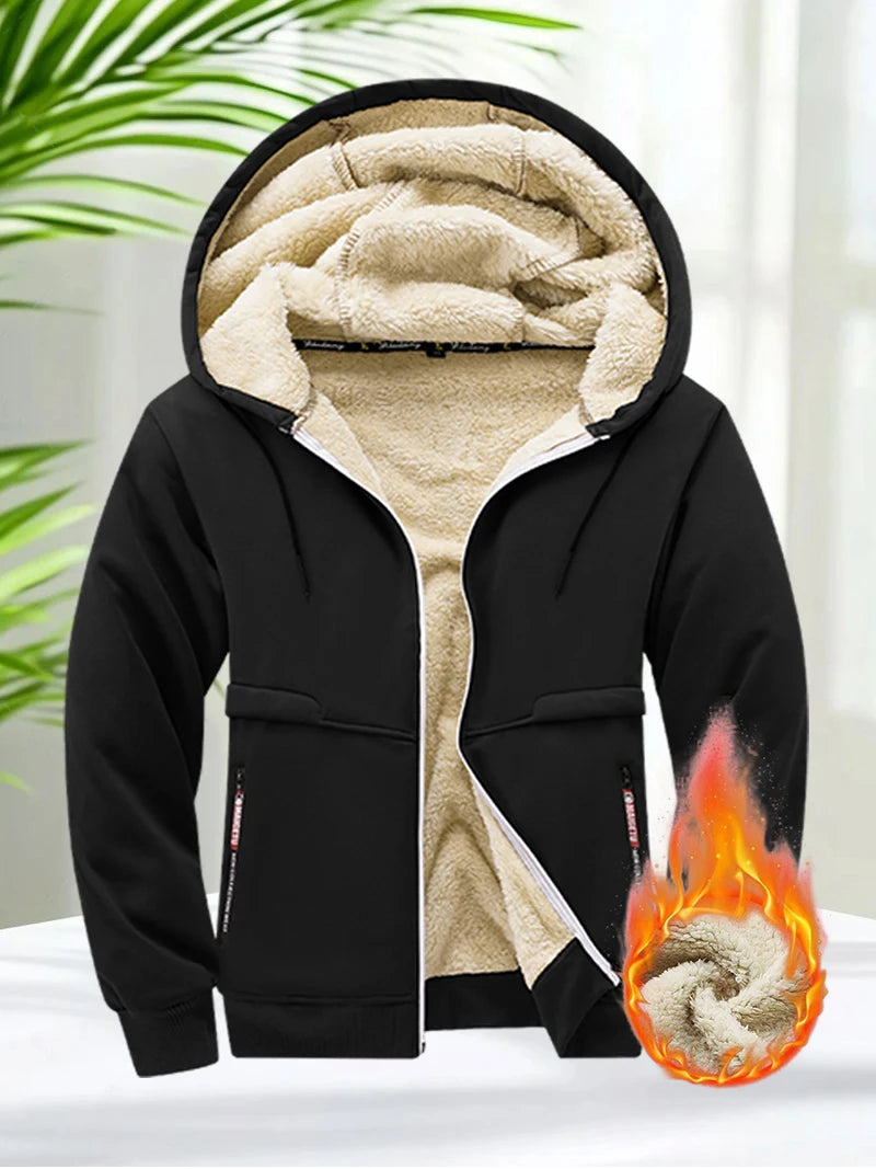 Faux Fur Lined Hoodies for Men Autumn Winter Thicken Fleece Sherpa Jacket Zip Up Hooded Coats with Zipper Pockets for Daily Wear
