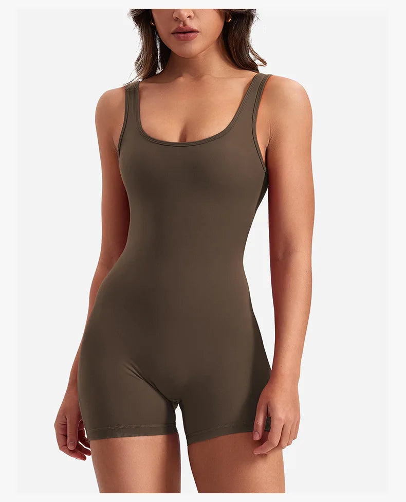 Women's Gym Clothing Yoga Solid Ruched Backless Sleeveless Square Collar Skinny Sexy Rompers Ropa Deportiva Mujer Gym Playsuits