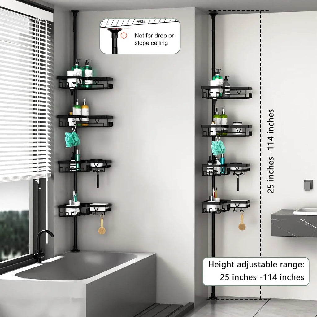 4-Tier Stainless Steel Adjustable Shower Caddy Tension Pole for Bathroom Organization, Rustproof Black