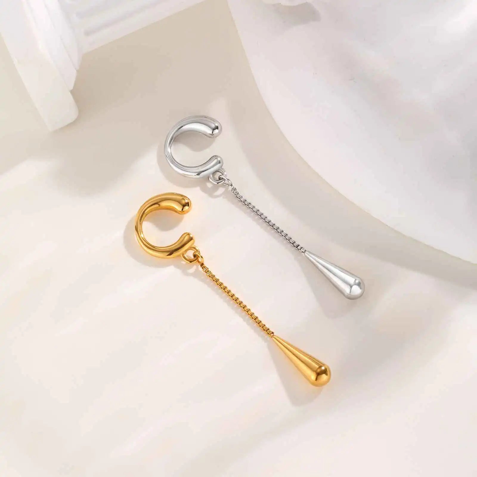 C-shaped Stainless Steel Teardrop Tassel Ear Cuff Clip Earrings for Women 1piece, No Piercings, Ear Cartilage Clips