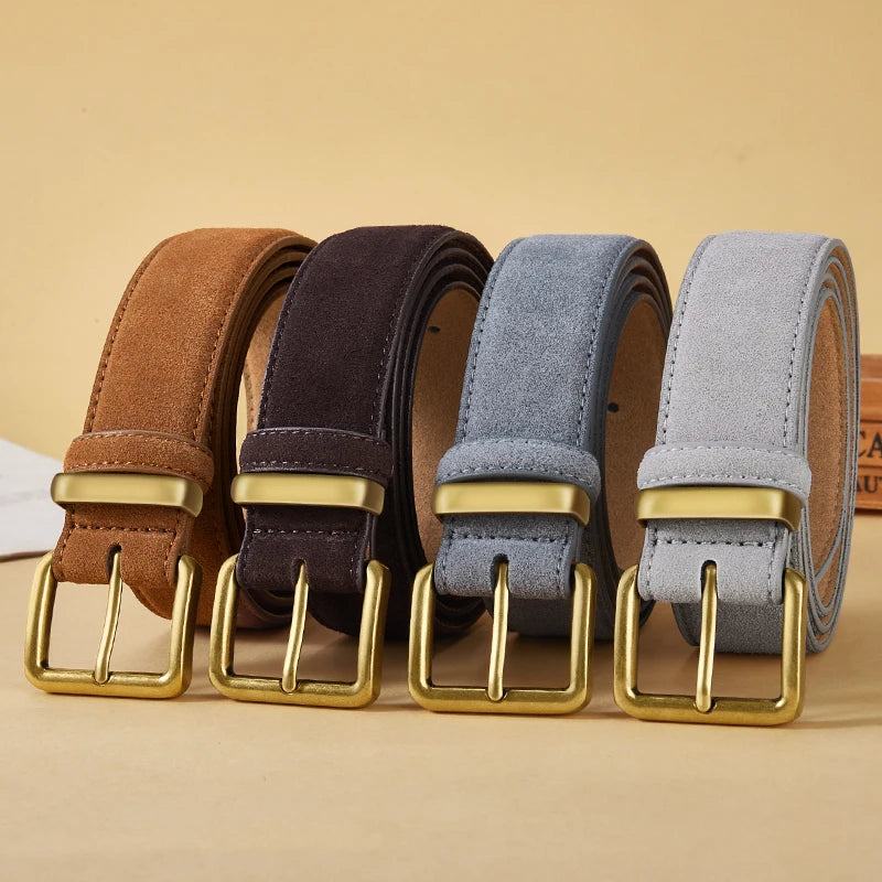 Women's Luxury Suede Cowhide Leather Belt – Gold Buckle Wide Waistband