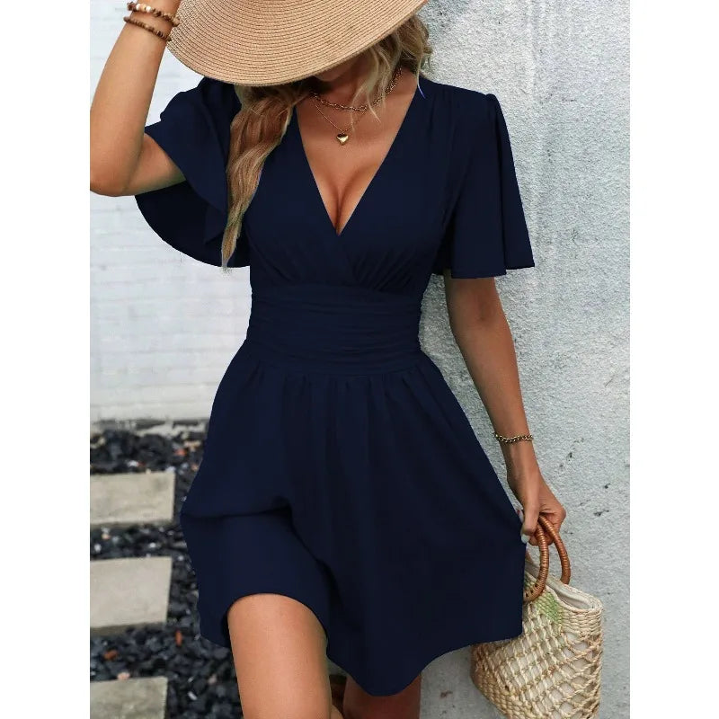 Woman Summer V-Neck Ruffled Sleeve Solid Color Dress Woman Clothing Tops Skirts Y2k Clothes