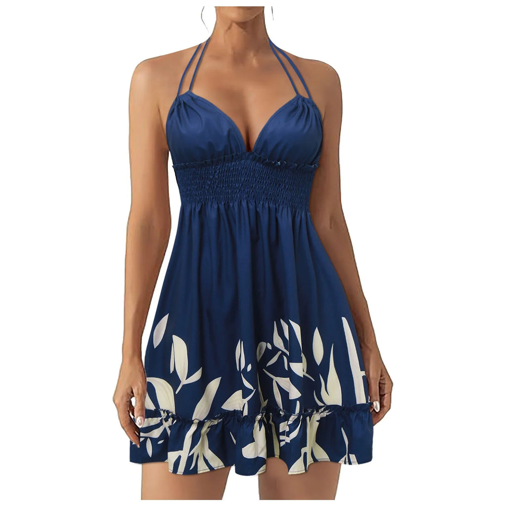 Women's Boho Halter Backless Sundress – Solid Ruffle Holiday Beach Dress