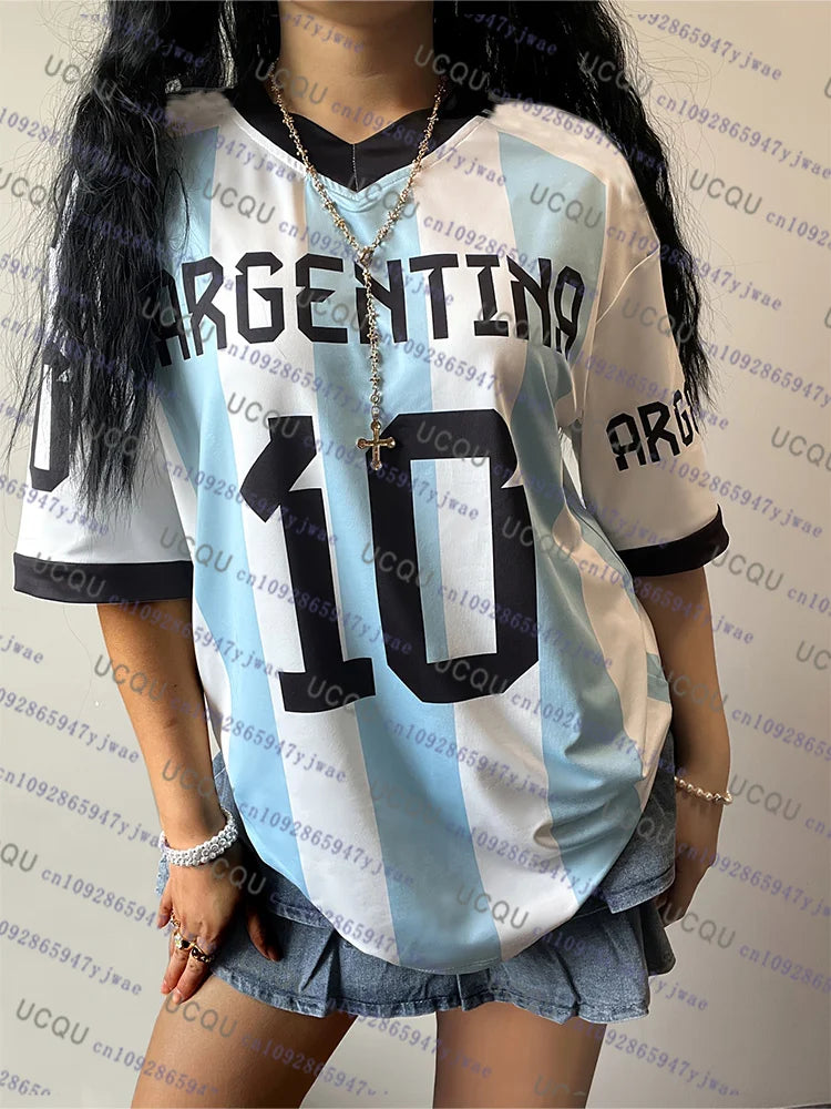 Argentina No.10 Print Football Jersey Women TShirt O-Neck Loose Mesh Short Sleeve Personaliz Fashion Casual Sport Women Clothing