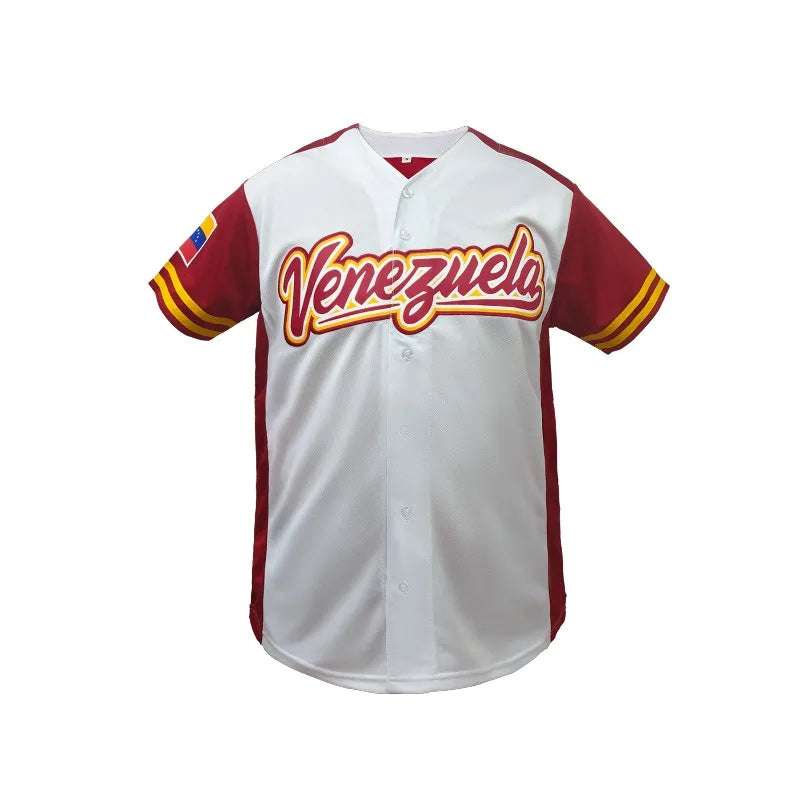 Men's Breathable Baseball Jersey V-Neck Short Sleeve "Venezuela" Embroidery, Breathable Loose Fit Baseball Shirt for Casual Wear