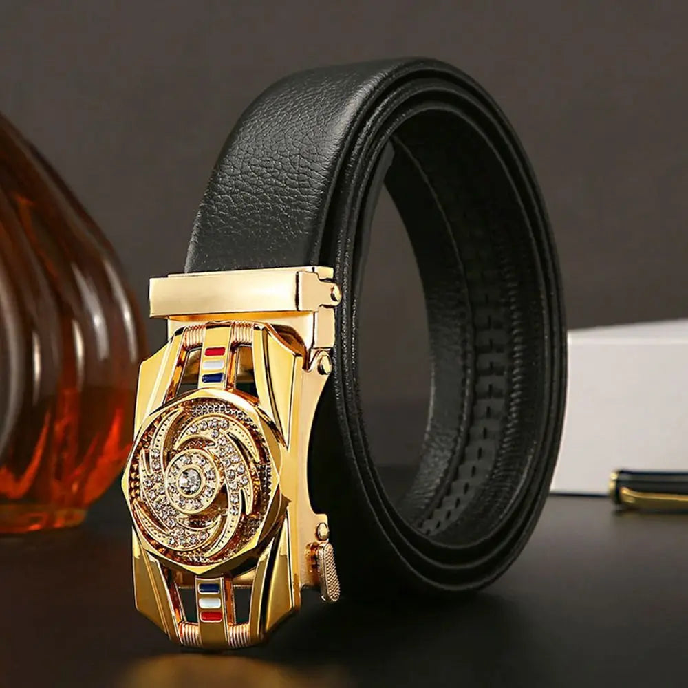 Men Business Time To Run Belt Man Automatic Buckle Leather Belt Golden Waist Buckle Males Luxury Belt Rhinestone Decoration
