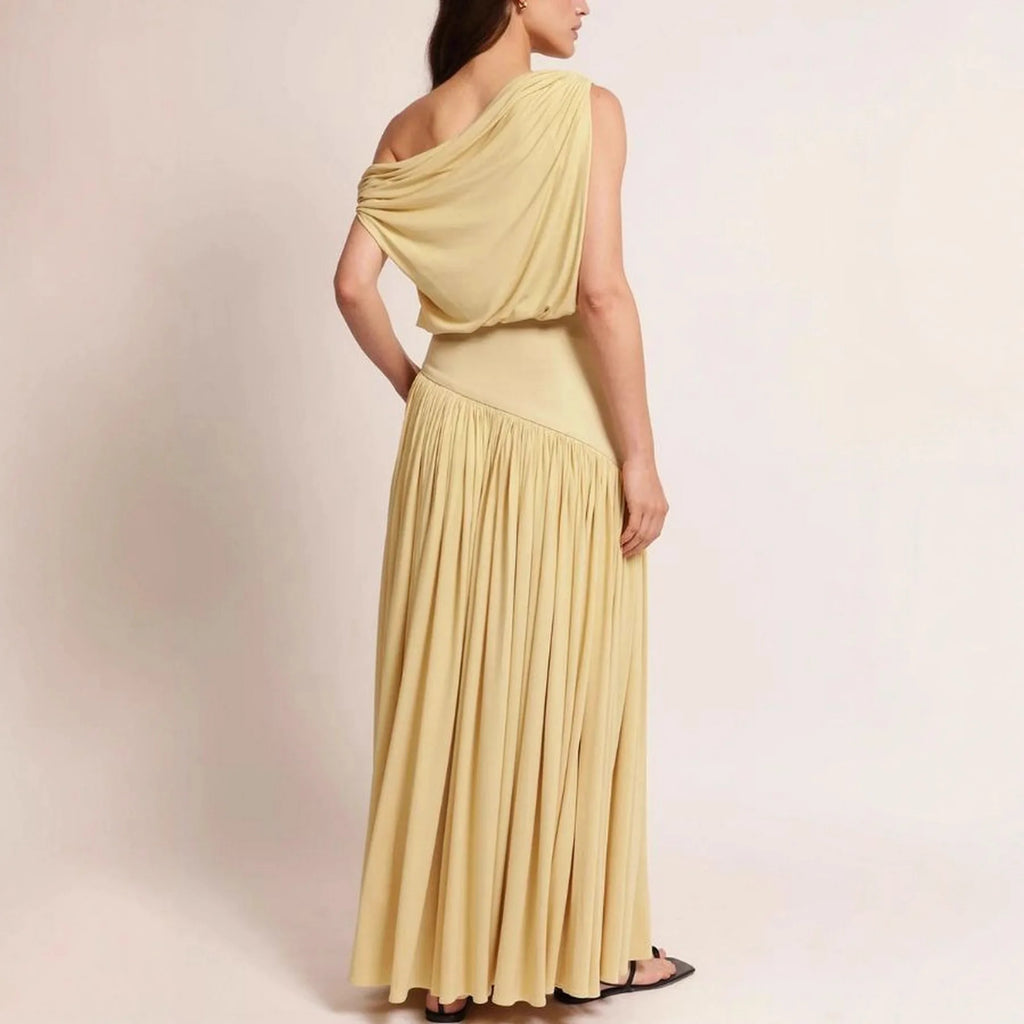 Female Clothing Women's Dress 2025 New Elegant Slant Neck Off-Shoulder Waist Long Solid Color Dresses Elegant Party Dresses 2025