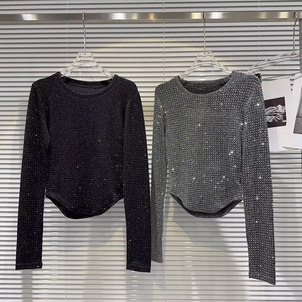 Fat people oversized wear 300 catties fashion rhinestone diamond bright silk curved edge women's long-sleeved T-shirt