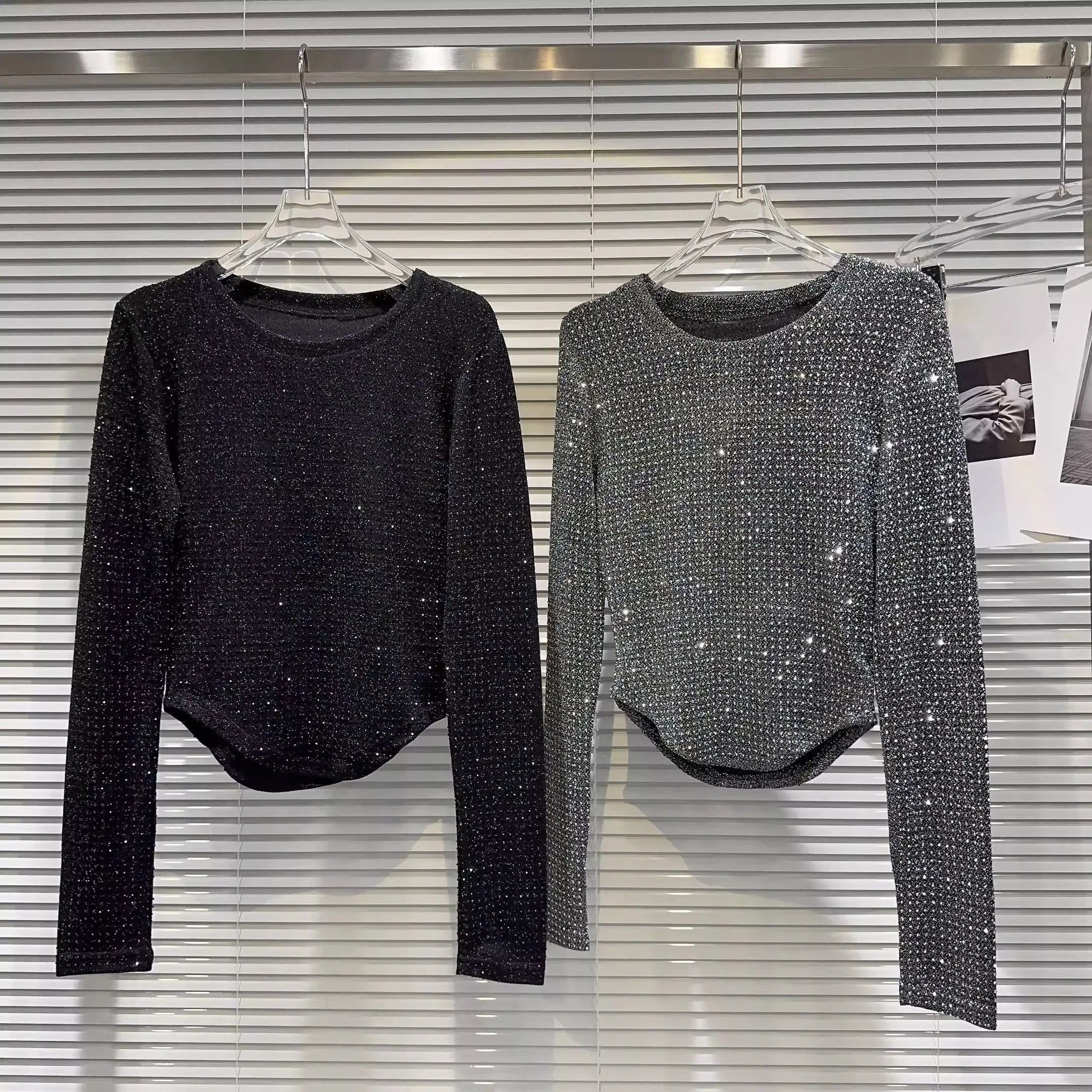 Fat people oversized wear 300 catties fashion rhinestone diamond bright silk curved edge women's long-sleeved T-shirt