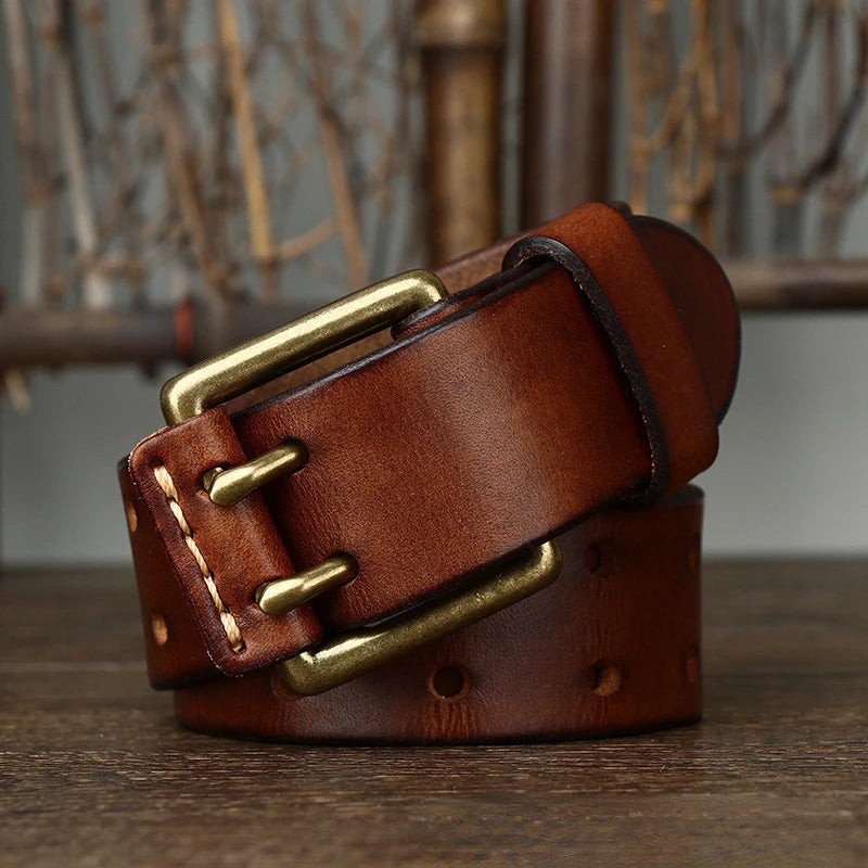 Men's Leather Belt 3.8cm*105-125cm Double Pin Buckle Belts Top Layer Cowhide Genuine Vintage Copper Decor Jeans Male Waistband