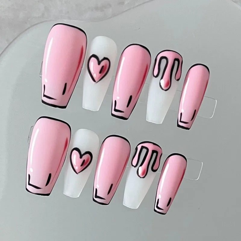 Handmade Cute Press on Nails 3D Comic Fake Nails Dreamy Pink Hearts Acrylic False Nails Full Cover Finger Tips Kit Nail Art Girl