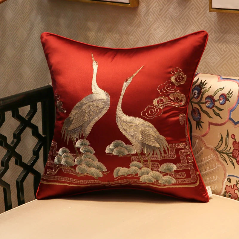 Chinese Style Crane Hugging Pillowcase Living Room Sofa Decoration Embroidered Cushion Cover Home Decor Luxury Pillow Covers