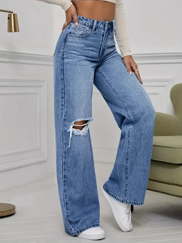 Women's Jeans Denim Pants Wide Leg Vintage Distressed Ripped Trousers