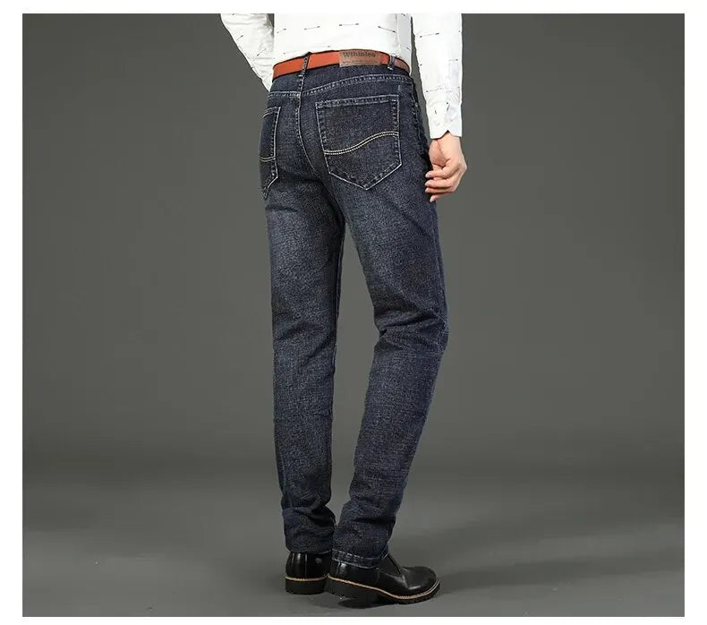 Wthinlee New Business Men's Jeans fleece Casual Straight Stretch Fashion Classic Blue Black Work Denim Trousers Male  Clothing