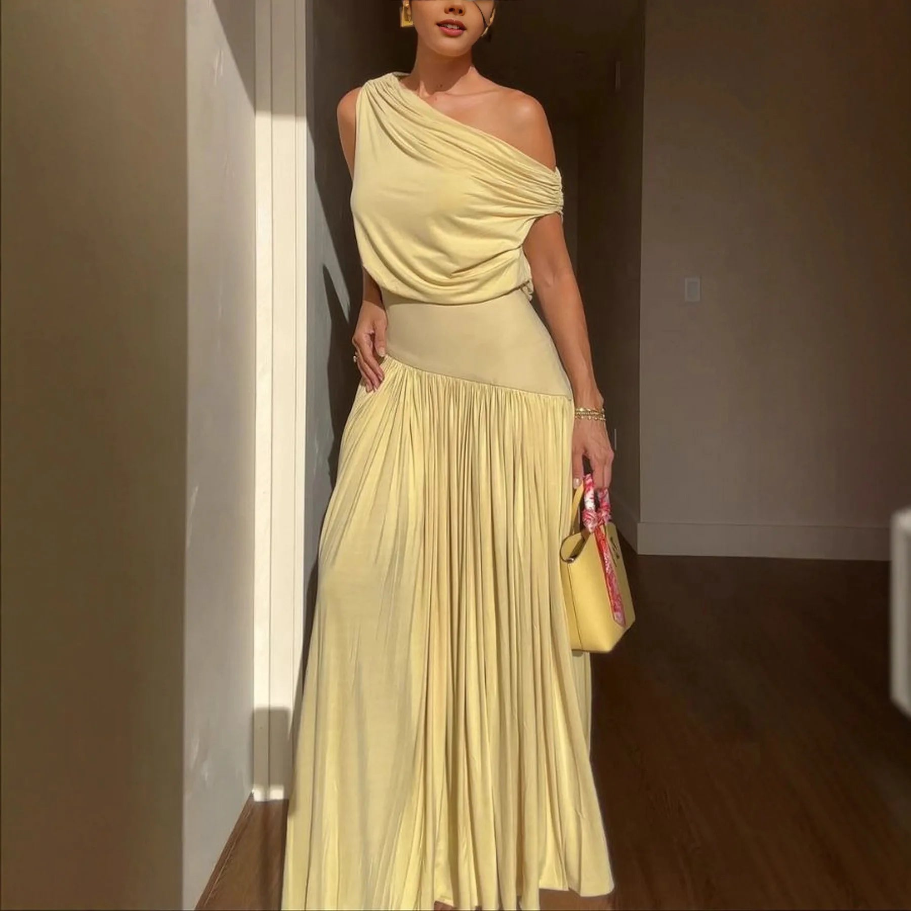 Female Clothing Women's Dress 2025 New Elegant Slant Neck Off-Shoulder Waist Long Solid Color Dresses Elegant Party Dresses 2025