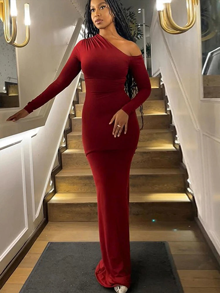 Women's Dresses Autumn New Sexy One-Shoulder Red Dress Streetwear Fashion Casual Slim Elegant Female Club Knitted Dress Clothing