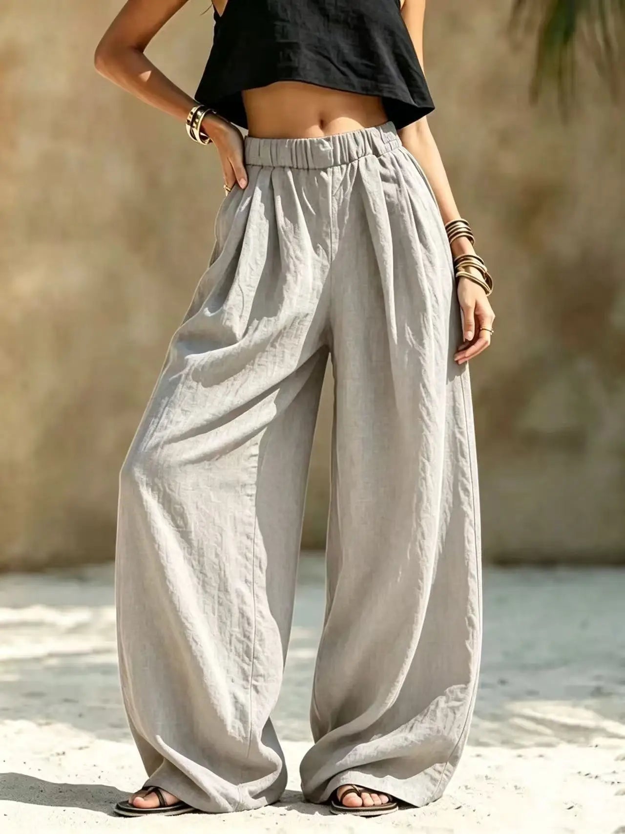 Women's Casual Wide Leg Pants - All Season Comfort Pockets Elastic Waist