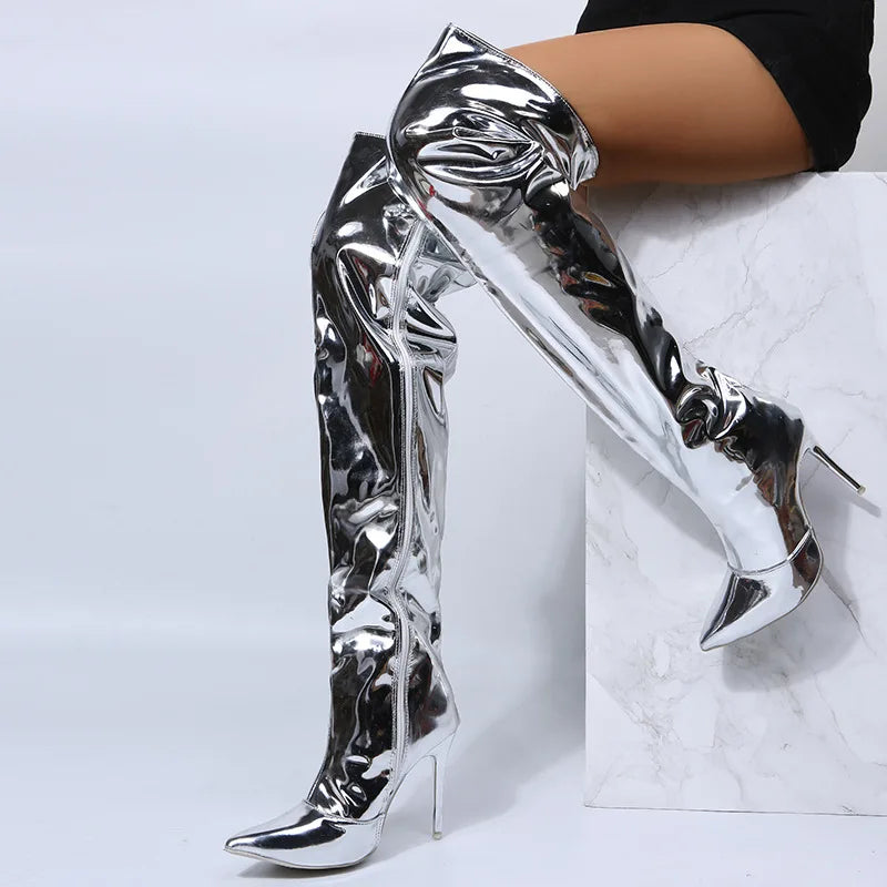 Heels Long Boots Women Autumn Winter Over-the-Knee exy Silver Mirror Thigh High Boots T Show Pointy Toe Casual  Club Party Shoes