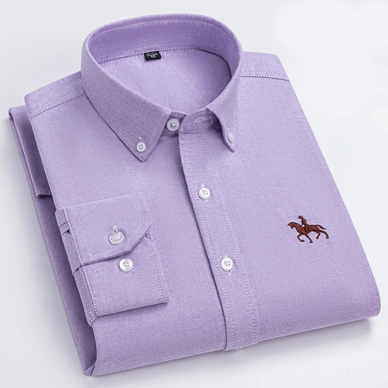 Basic Oxford Dress Shirt For Men Long Sleeve 100% Pure Cotton Solid  Casual Plaid Striped Social Business Male Regular-Fit S-6XL
