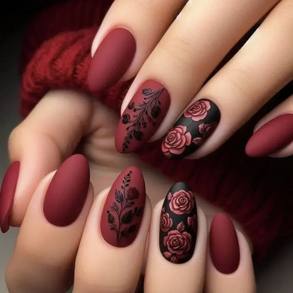 Autumn Matte Press-On Nails | 24pcs Rose Leaf Almond | Full Cover Acrylic Nail Tips with Glue