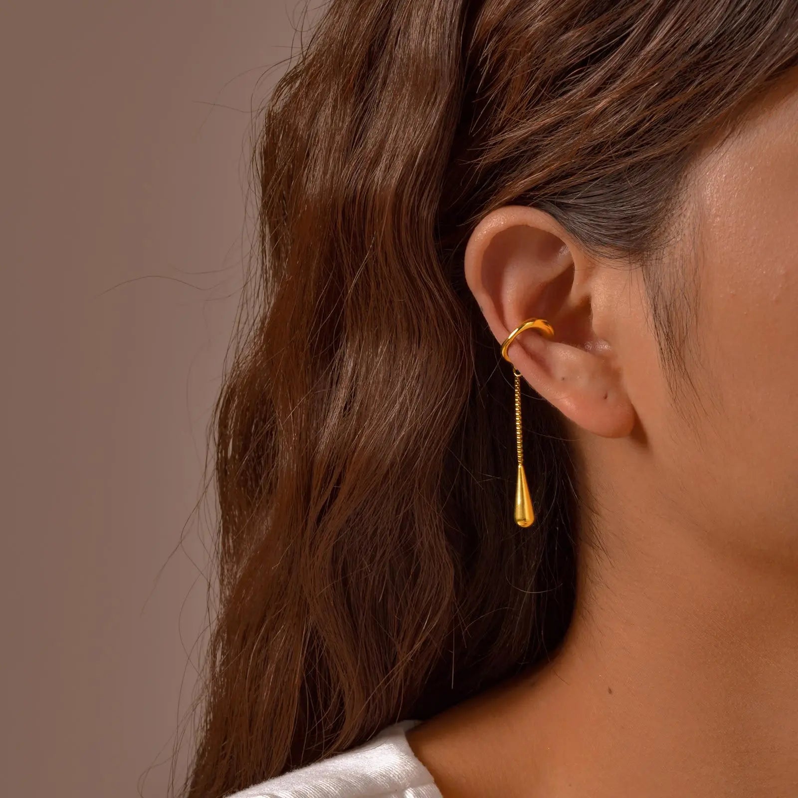 C-shaped Stainless Steel Teardrop Tassel Ear Cuff Clip Earrings for Women 1piece, No Piercings, Ear Cartilage Clips