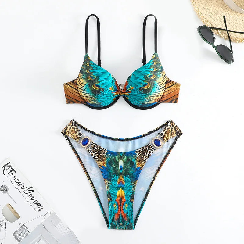 Green Peacock Print Bikini Set 2026 – Rhinestone Low Waist Thong Swimsuit