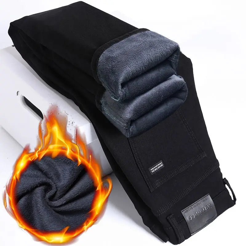 Wthinlee New Business Men's Jeans fleece Casual Straight Stretch Fashion Classic Blue Black Work Denim Trousers Male  Clothing