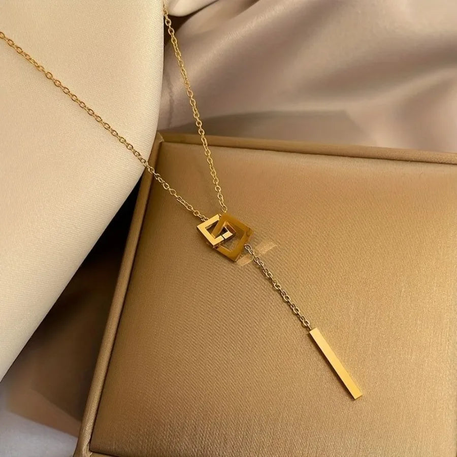 Simple Style Square Shape Buckle Long Pendant Clavicle Chain Necklace 18K Gold Plated Golden Color Neck Jewelry For Women