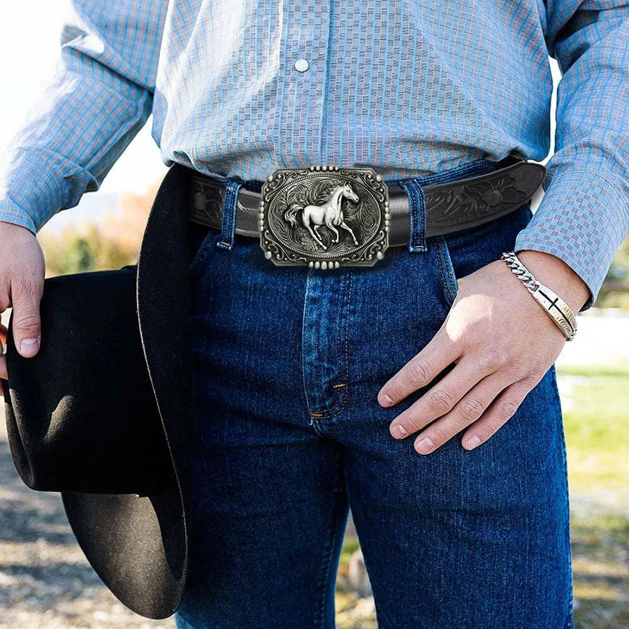 1pc men's Western style belt, wild horse, carved floral patterns and long horn decorations, retro style, great Valentine's Day g