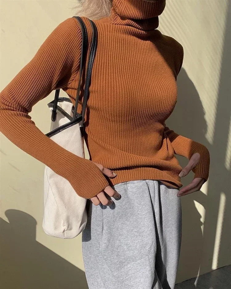 Women Turtlneck Sweater Elegant Solid Basic Knitted Tops Casual Pullover Korean Fashion Simple with Thumb Holes Chic Clothes