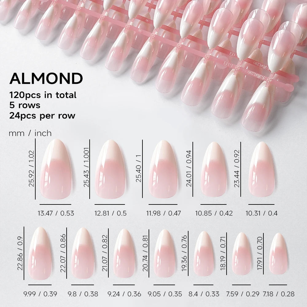 120Pcs Soft Pink White Gradient Press on Nails French Almond Glossy Fake Nails for Women Full Cover Daily Wear False Nail Tips