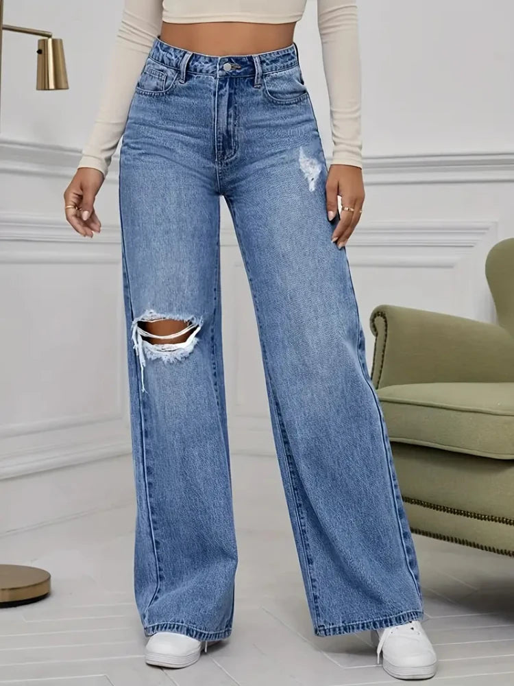 Women's Jeans Denim Pants Wide Leg Vintage Distressed Ripped Trousers
