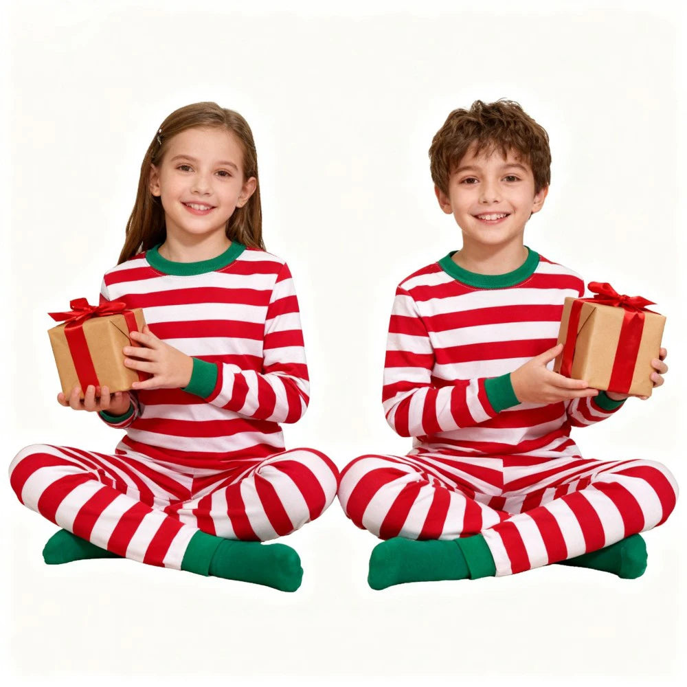 Christmas Kids Pajamas Set Red White Striped Long Sleeve Sleepwear Cute Xmas Pjs for Boys Girls Comfortable Nightwear Outfits