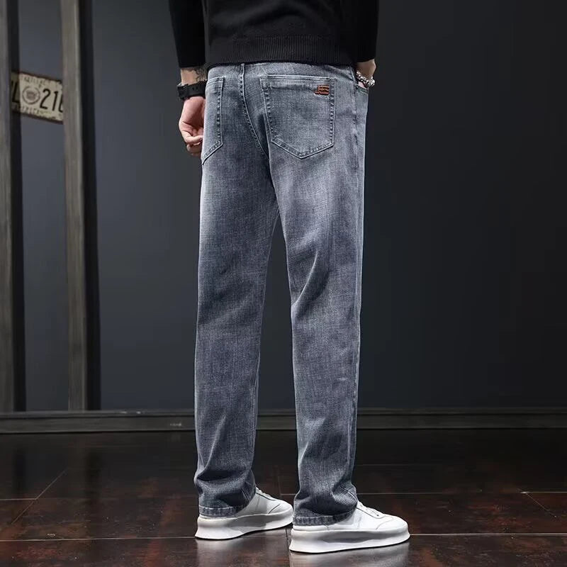 Men Fashion Loose Straight Elasticity Jeans Male Wear-resistant Slim Fit Denim Pants Smart Casual Dark Gray Trousers