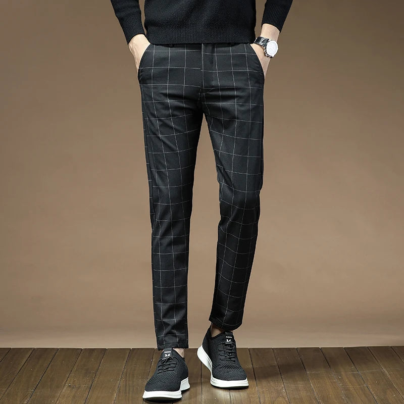 Men's Dress Pants Fashion Plaid Stripe Business Slim Fit Office Classic Retro Suit Pant Korean British Style Wedding Trousers